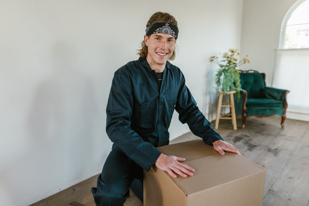 services-03 Young adult male smiling while handling a cardboard box indoors, preparing for moving day.